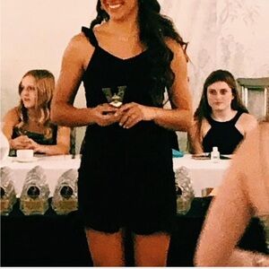 sally miller black ruffle mini dress